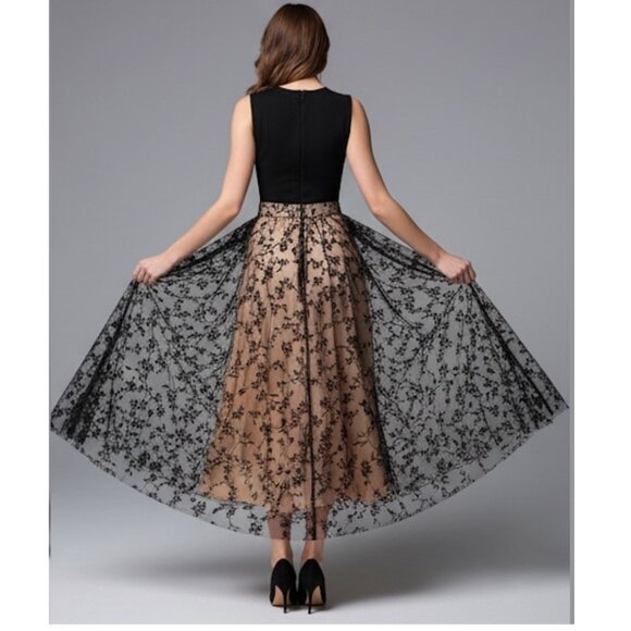 Floral Flocking Tulle Long A-Line Skirt - Picture 4 of 12